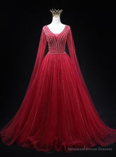 A-line Burgundy V-neck Beading Prom Dress